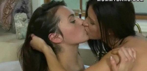  Horny brunette mom threesome with her stepdaughter
